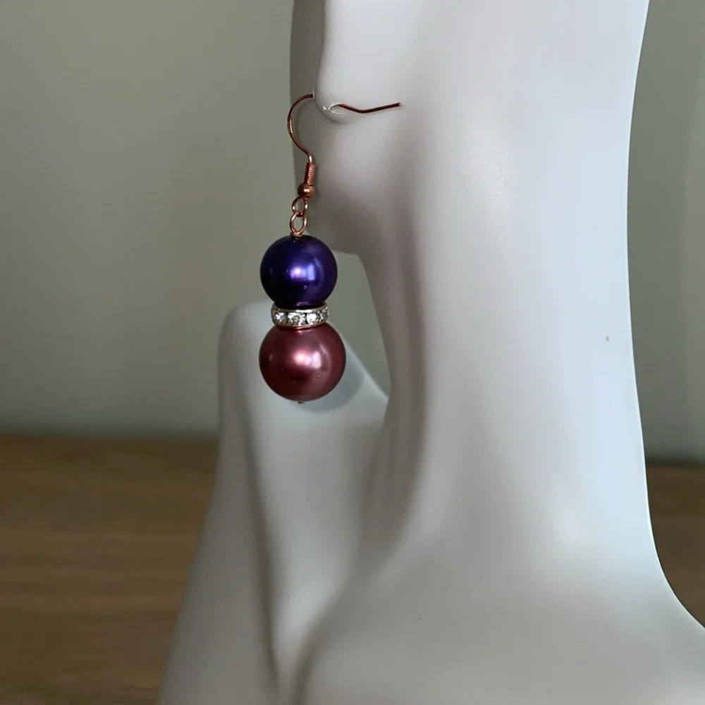 HAND CRAFTED OVERSIZED PIERCED BALL DROP PEARL EARRINGS Rose Gold Purple  Pearls